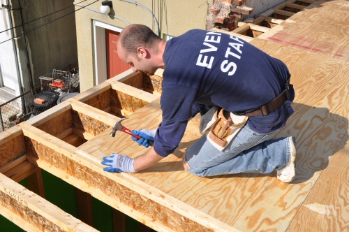 use two nails on opposite corners to hold the plywood subfloor in place