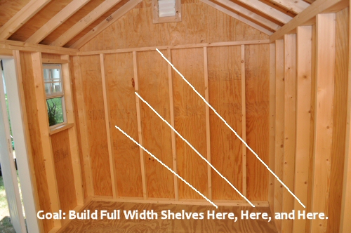 how to build shed storage shelves - one project closer