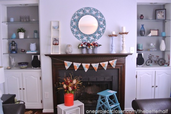 Fall living room decor and mantel - One Project Closer