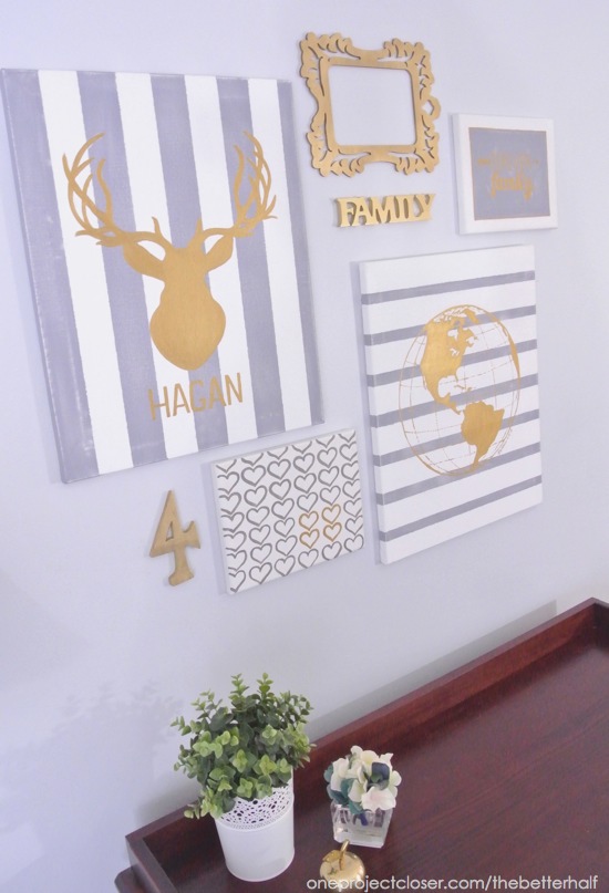 Gold and Gray Gallery Wall with DIY canvases - One Project Closer
