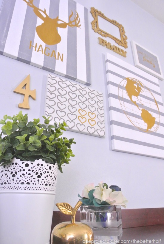 Gold and Gray Gallery Wall with DIY canvases - One Project Closer