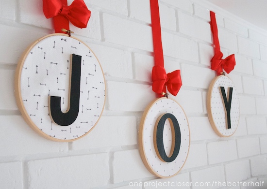 christmas-mantel-JOY-embroidery hoop-ornaments-One-project-closer