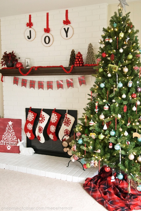 christmas-mantel-JOY-embroidery hoop-ornaments-One-project-closer