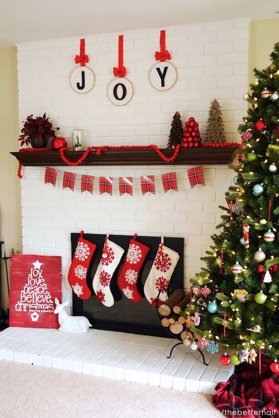 JOY Embroidery Hoop Ornaments & Christmas Mantel